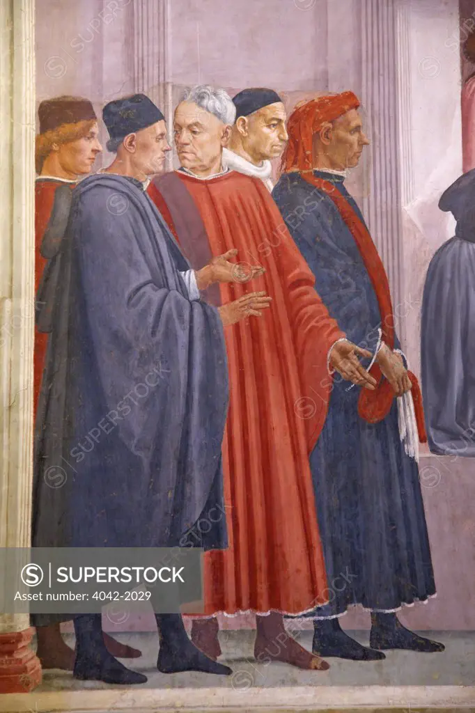 Detail from the Raising of the Emperor's Son, by Masaccio, Brancacci Chapel, Cappella dei Brancacci, Church of Santa Maria del Carmine, Florence, Tuscany, Italy, Europe