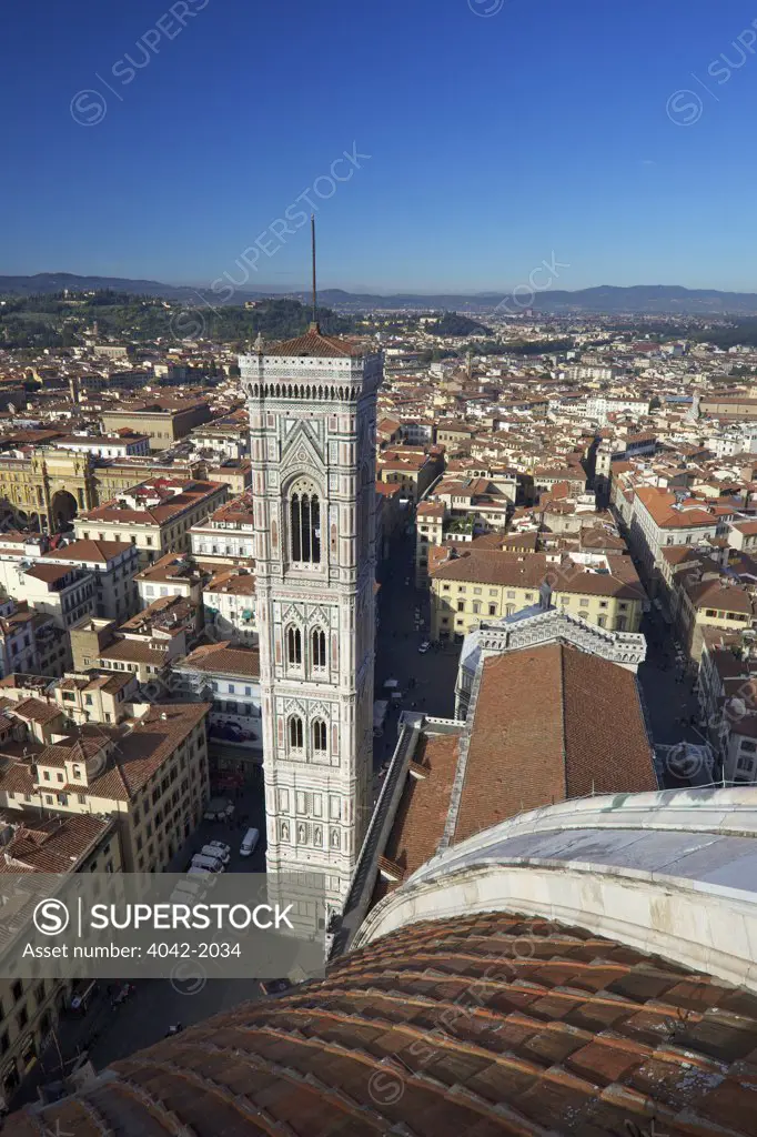 City viewed from Brunelleschi's dome, Duomo Santa Maria Del Fiore, Campanile di Giotto, Florence, Tuscany, Italy