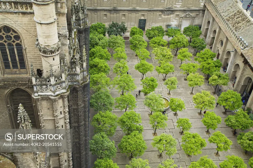 Patio de los Naranjos, Patio of the Oranges, from the Giralda bell tower, Seville Cathedral,  Andalucia, Spain, Europe 