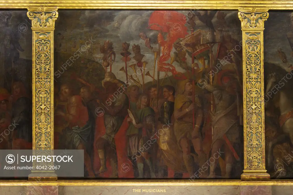 Musicians, from the Triumphs of Caesar, by Andrea Mantegna, Hampton Court Palace, London, Surrey, England, UK, United Kingdom, GB, Great Britain, British Isles, Europe