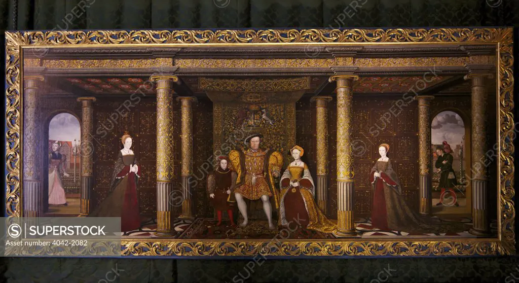 Great Britain, United Kingdom, England, Surrey, London, Hampton Court Palace, Family of Henry VIII, circa 1545, left to right, 141 x 355 cm, Princess Mary, Prince Edward, Henry VIII, Jane Seymour, and Princess Elizabeth