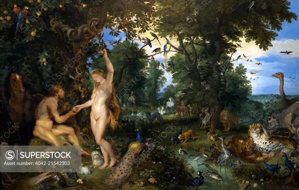 Garden of Eden with the Fall of Man, by Jan Brueghel the Elder and Peter Paul Rubens, circa 1615, Royal Art Gallery, Mauritshuis Museum, The Hague, Netherlands, Europe