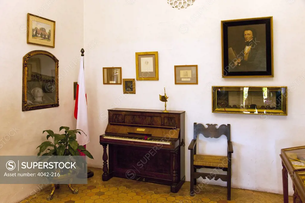 Piano of Frederic Chopin the famous composer in a museum, Cell 2, Valldemossa Charterhouse, Valldemossa, Majorca, Balearic Islands, Spain