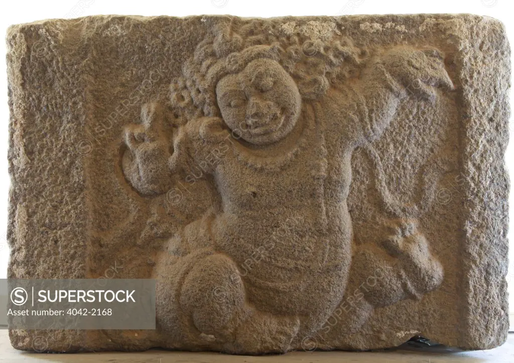 Sri Lanka, Anuradhapura, Museum of the Rock temple of Isurumuniya, Dancing Dwarf or Gana, attendant of Kutera, god of wealth, 6th-8th century (UNESCO World Heritage Site)
