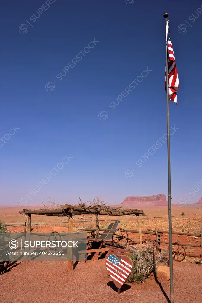 USA, Utah, Monument Valley Navajo Tribal Park, Flag and Gouldings Trading Post
