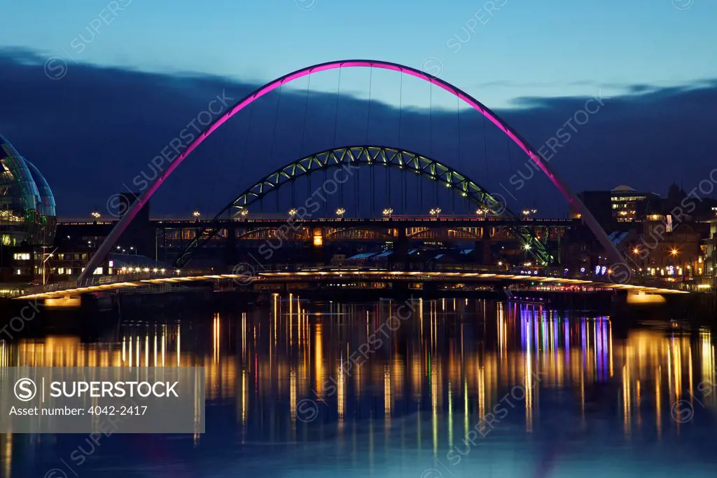 Gateshead Quays with Sage Gateshead and Gateshead Millennium Bridge at dusk, Gateshead, Tyne And Wear, England