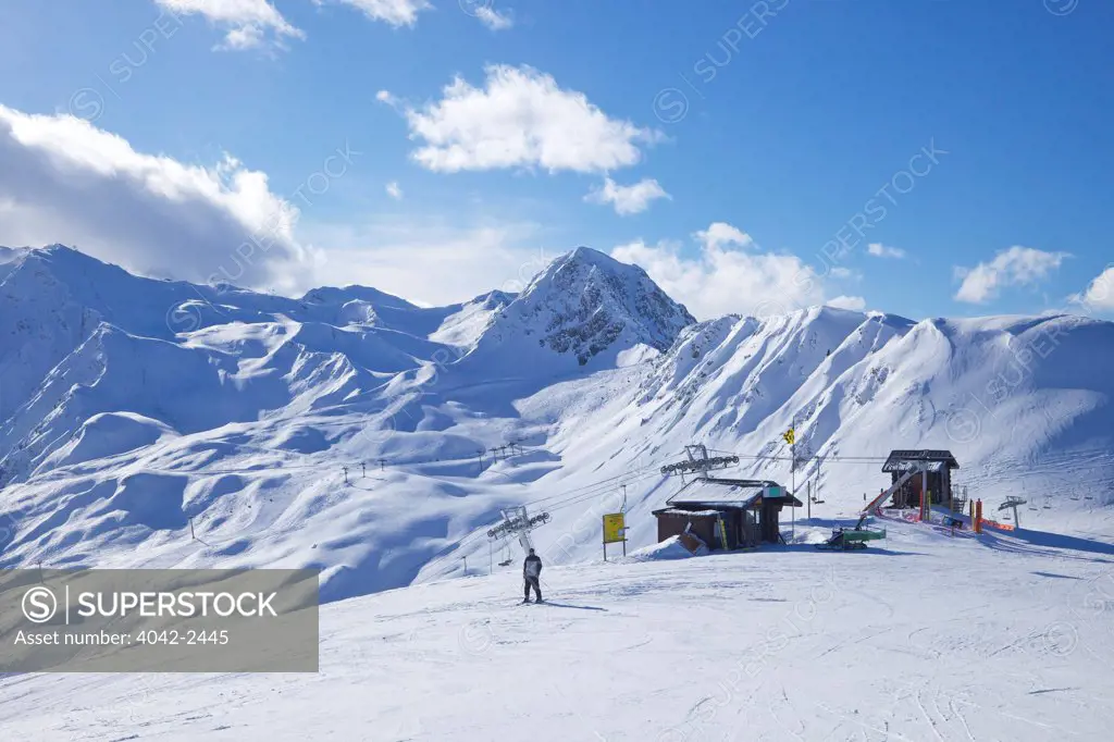View of ski area from Dos Rond, La Plagne, Savoie, French Alps, Rhone-Alpes, France