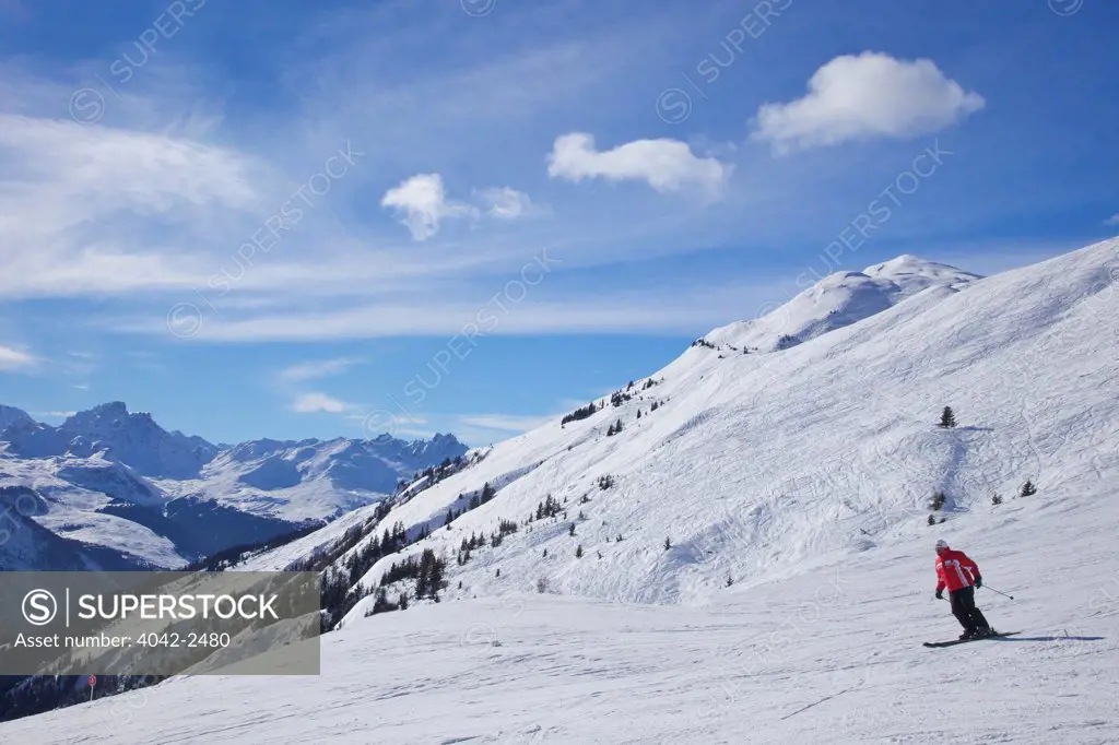 Skiers in winter sunshine, Verdons Sud, La Plagne, Rhone-Alpes, France