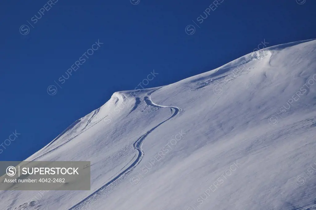 Ski tracks in deep snow, La Plagne, Rhone-Alpes, France