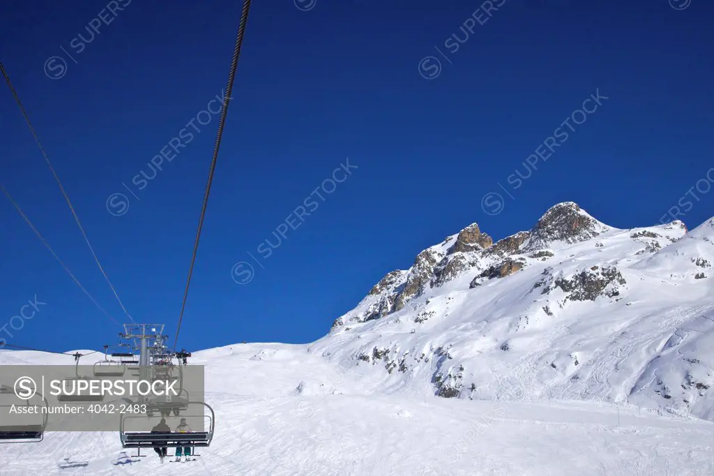 Chairlifts in winter at La Rossa, Champagny, La Plagne, Rhone-Alpes, France