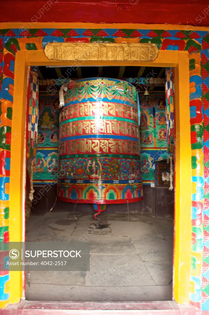 Giant Buddhist prayer wheel, Namche monastery, Namche Bazaar, Solukhumbu District, Nepal