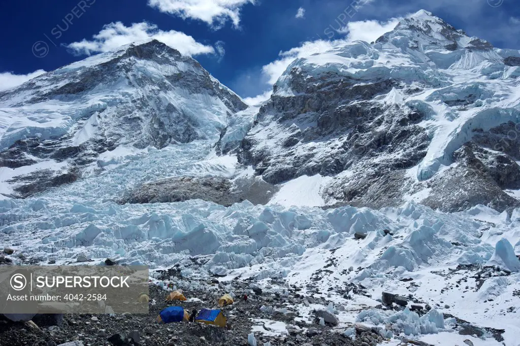 Nuptse with Khumbu Icefall and glacier from Everest Base Camp, Sagarmatha National Park, Solukhumbu District, Nepal