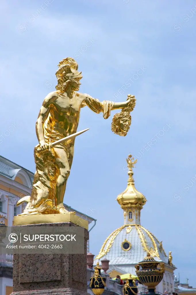 Statue of Perseus with the head of the gorgon Medusa, Peterhof Grand Palace, Petrodvorets, St. Petersburg, Russia