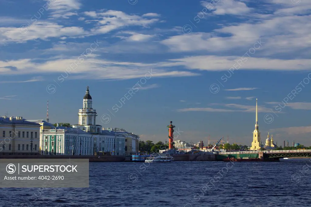 View of Kunstkammer and Rostral Column with Peter and Paul Fortress from Palace Embankment, St. Petersburg, Russia