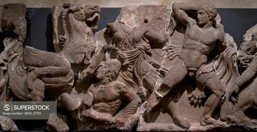 UK, England, London, British Museum, Greeks fight Amazons, Frieze from Temple of Apollo, Bassai, Greece, 400-429 BC