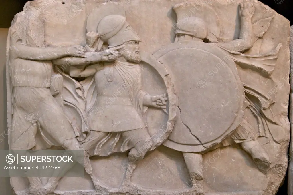 UK, England, London, British Museum, Two warriors clash shields and archer draws bow, Large Podium frieze, Nereid Monument