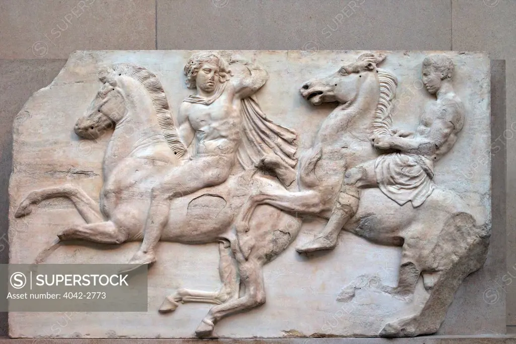 UK, England, London, British Museum, Soldiers on horseback wearing robes, Parthenon Frieze