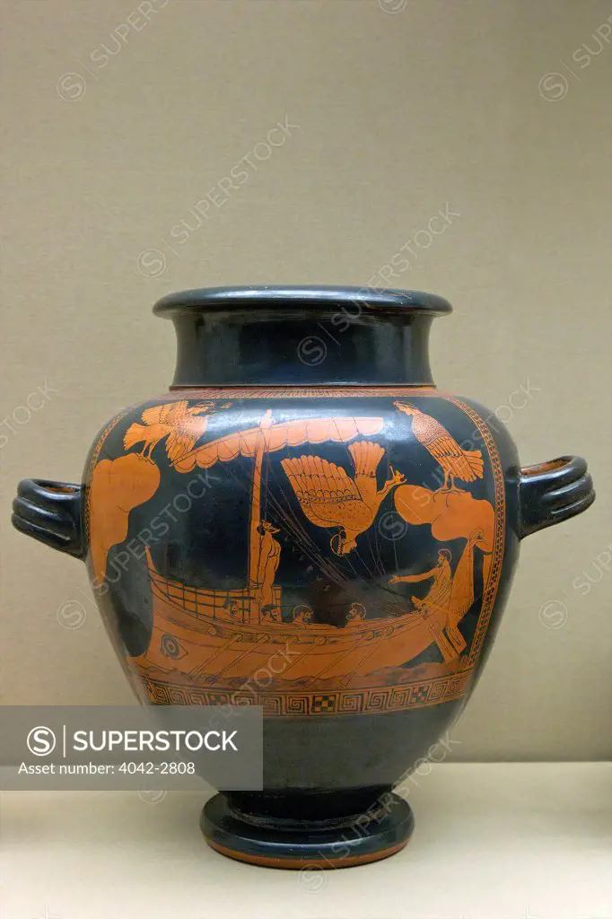 UK, England, London, British Museum, Greek stamnos, or jar, with Odysseus and Sirens, circa 480 B