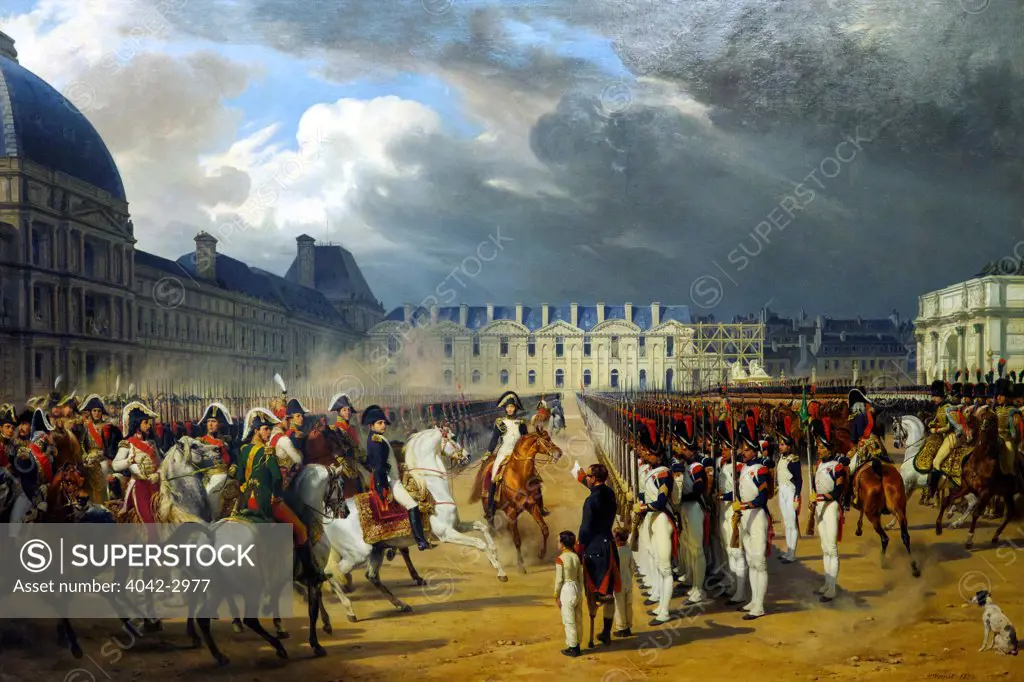 Russia, Saint Petersburg, State Hermitage Museum, Invalid handing petition to Napoleon at Parade in Court of Tuileries Palace in Paris, by Horace Vernet, 1838