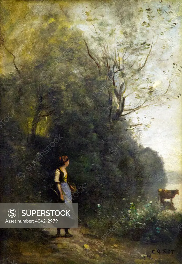 Russia, Saint Petersburg, State Hermitage Museum, Peasant woman tending her cow at edge of forest, by Jean-Baptiste Camille Corot, 1865-1870