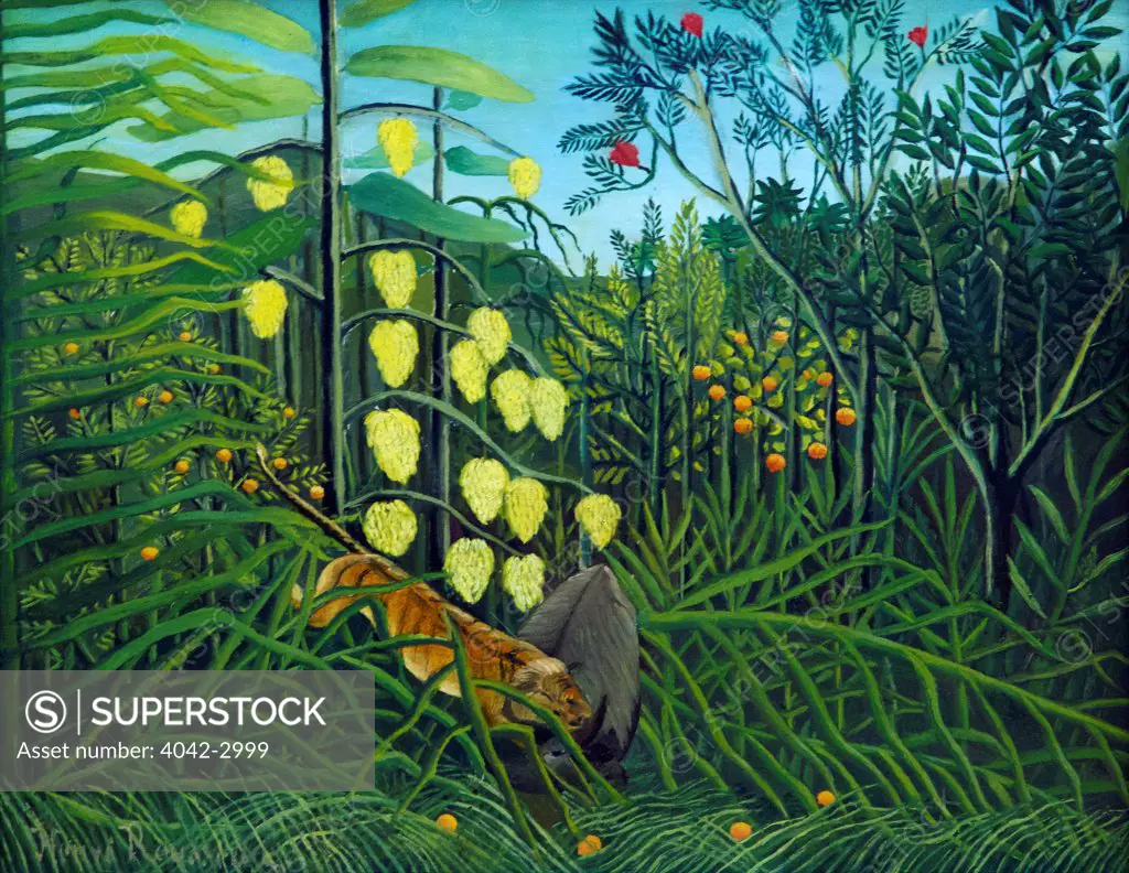 Russia, Saint Petersburg, State Hermitage Museum, Tiger attacking bull, in tropical forest, by Henri Rousseau, circa 1908-1909