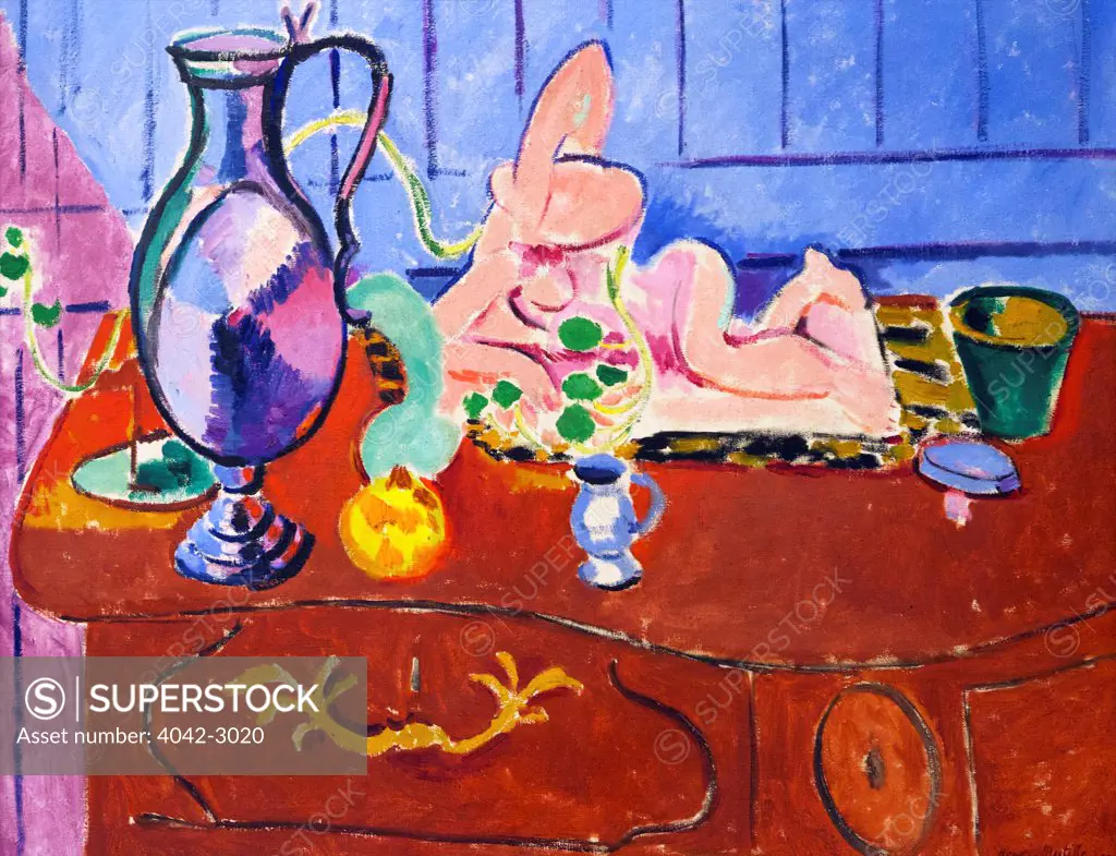 Russia, Saint Petersburg, State Hermitage Museum, Pink statuette and pitcher on red chest of drawers, by Henri Matisse, 1910
