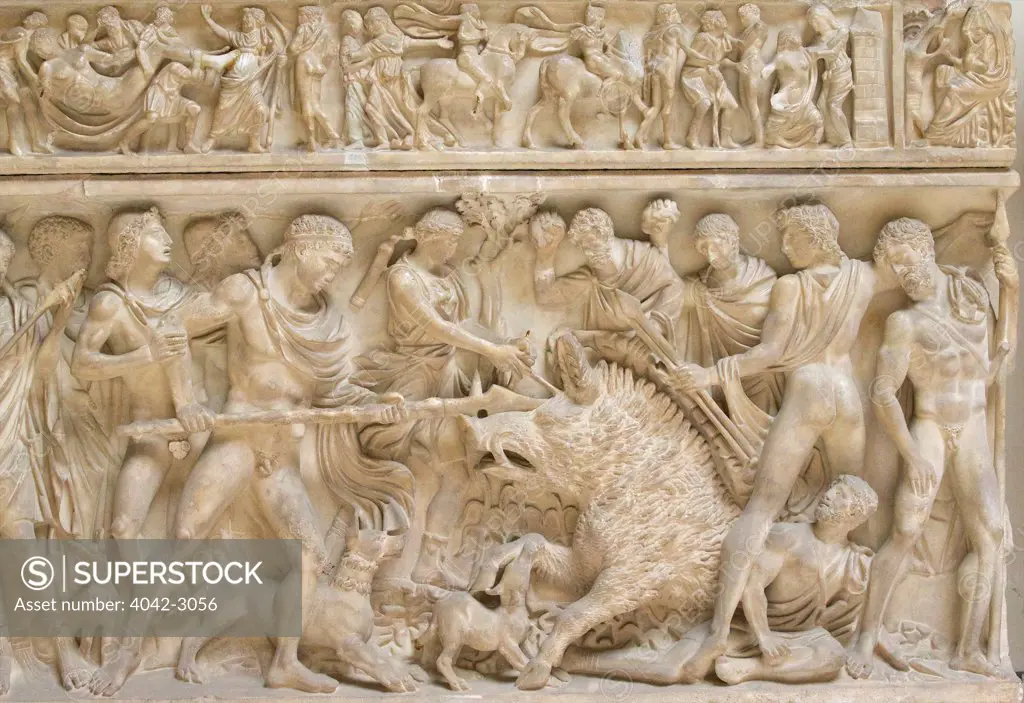 Meleager Sarcophagus with a scene of Calydonian Boar Hunt, front panel, Luna marble, 180 A.D., Doria Pamphilj Gallery. Rome, Italy, Europe
