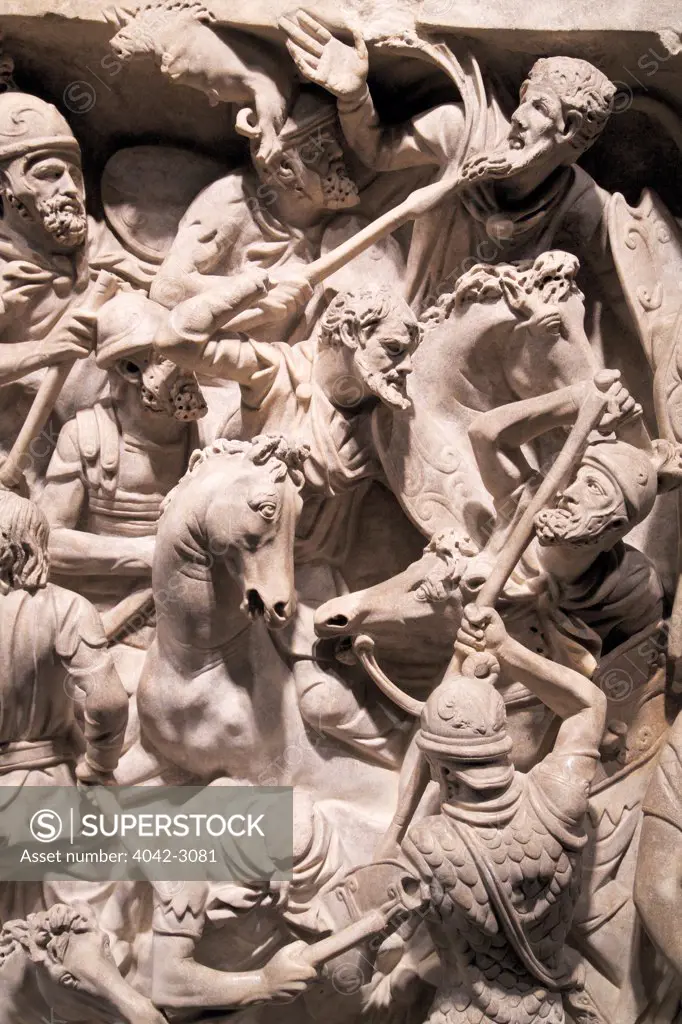 Detail of battle, Sarcophagus of Portonaccio, Palazzo Massimo, National Museum of Rome, Italy
