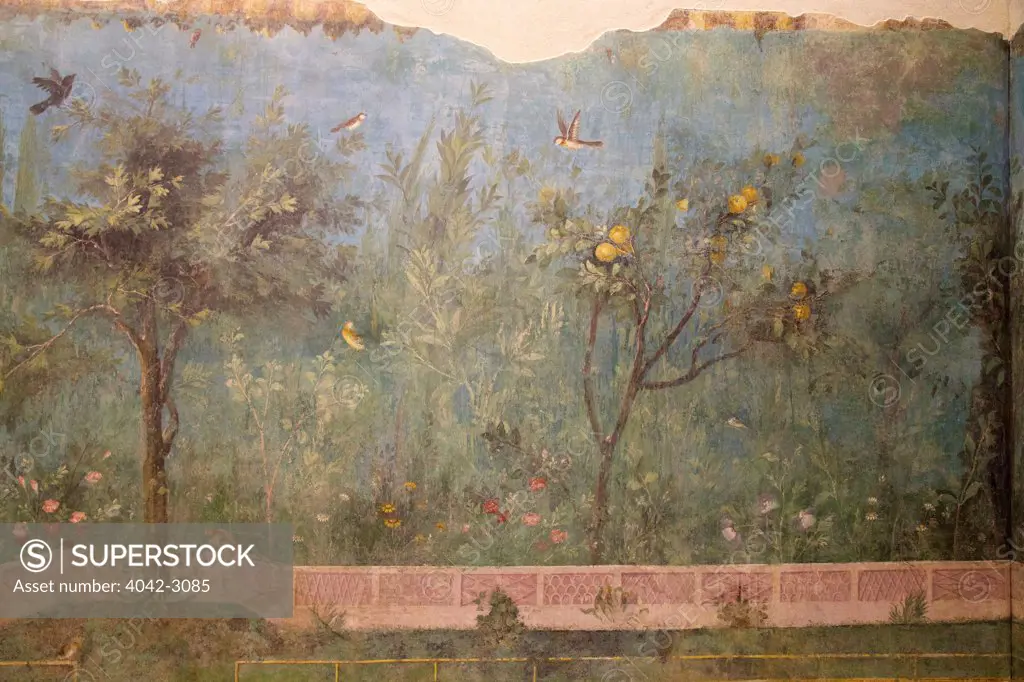 Painted Garden of the Villa of Livia, 20-30 BC, with birds and apple trees, Palazzo Massimo alle Terme, National Museum of Rome, Italy