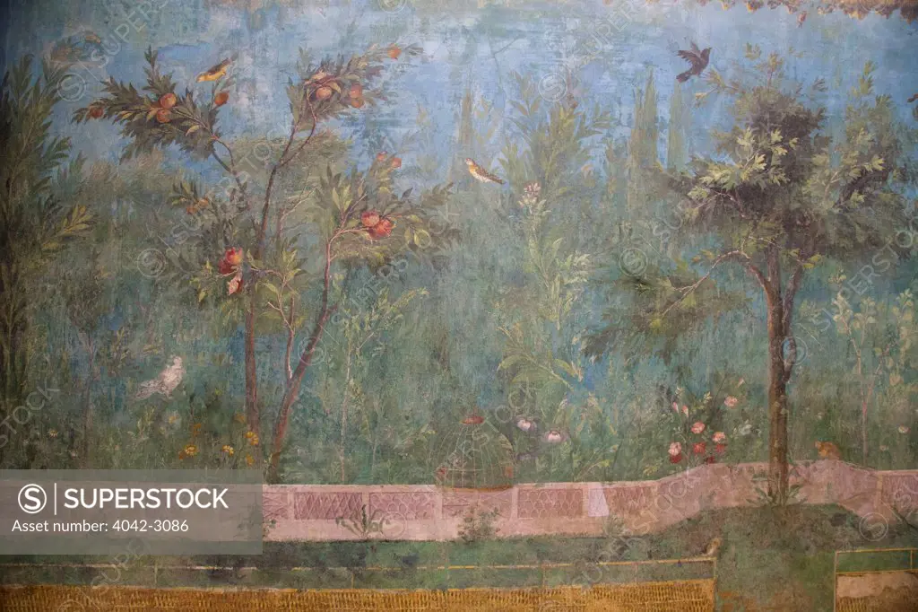 Painted Garden of the Villa of Livia, 20-30 BC, with birds and apple trees, Palazzo Massimo alle Terme, National Museum of Rome, Italy