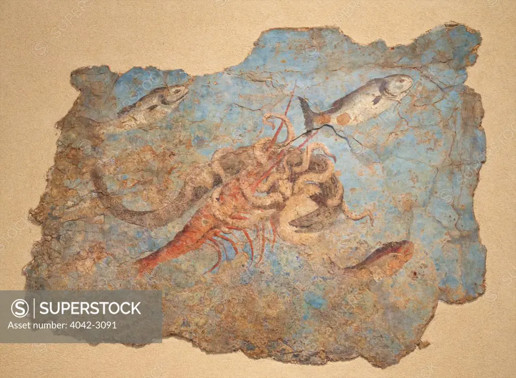 Fresco of octopus fighting Moray Eel, with lobster and mullet, St. PaulÍs River Port, 2nd century AD, Palazzo Massimo alle Terme, National Museum of Rome, Italy