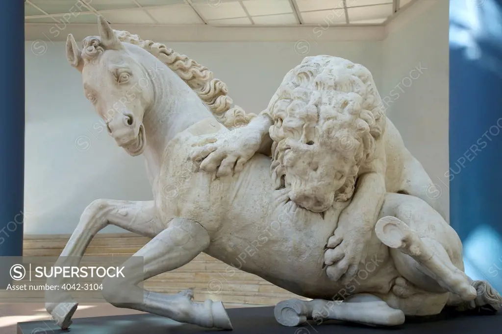 Lion attacking a horse, Greek marble, modified in 1594 by Ruggero Bascape, Capitoline Museum, Rome, Italy