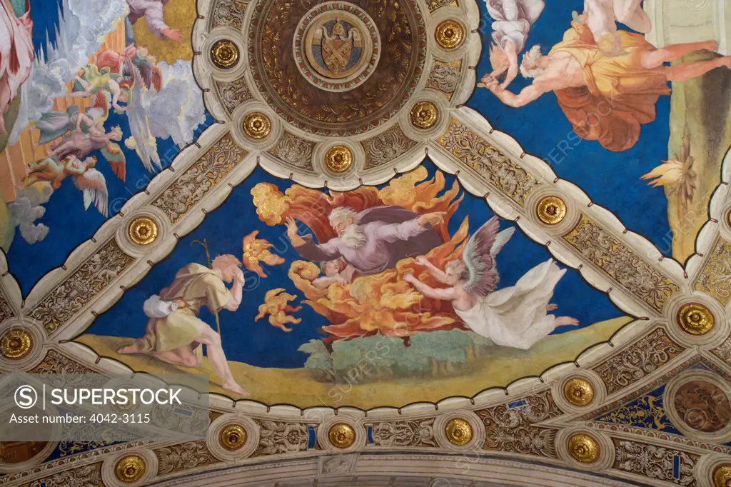 Ceiling fresco in Room of Heliodorus, Raphael Rooms, Apostolic Palace, Vatican Museums, Rome, Italy