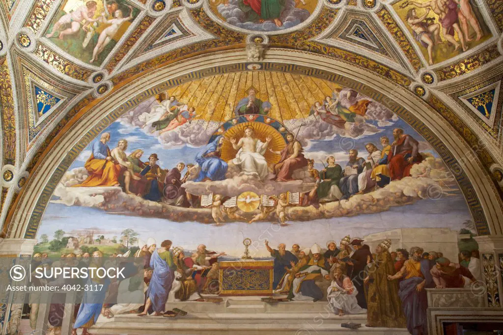 Disputation of the Sacrament. 1508-1509, Room of the Signature, Raphael Rooms, Apostolic Palace, Vatican Museums, Rome, Italy