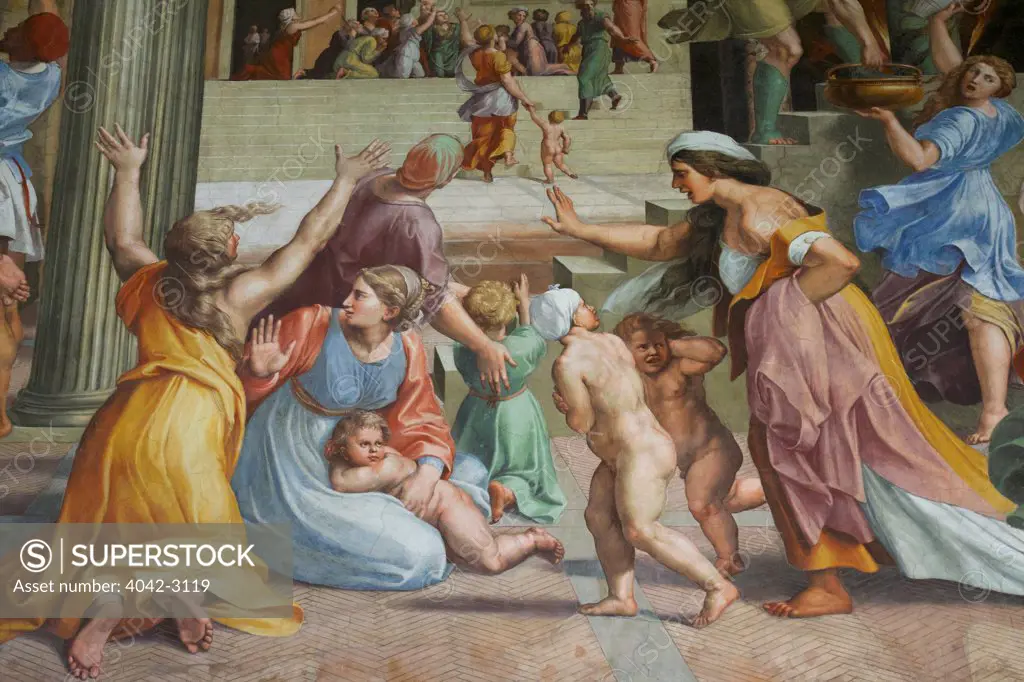 Detail of the Fire in the Borgo, by Giulio Romano, 1514, Raphael Rooms, Apostolic Palace, Vatican Museums,. Rome, Italy