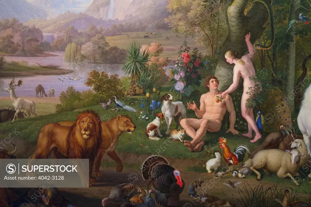 Detail of Adam and Eve in Garden of Eden, by Wenzel Peter,  Pinacoteca, Vatican Museums, Rome, Italy