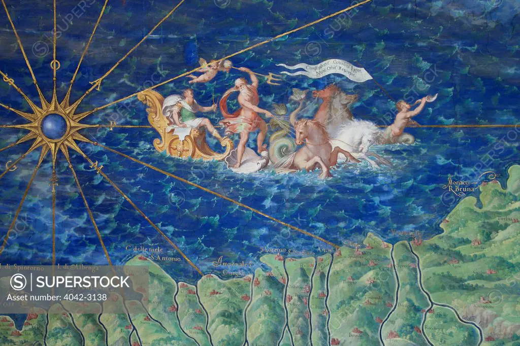 Poseidon rises with his chariot from the sea, Detail of Map of Liguria, Gallery of Maps, Vatican Museums, Rome, Italy