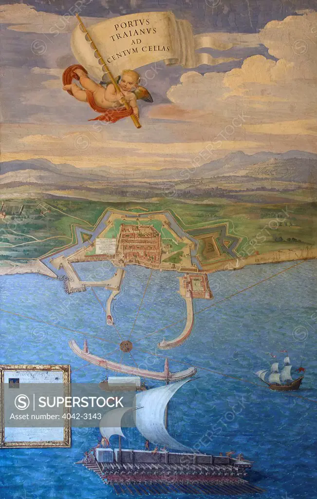 Panoramic Plan of Civitavecchia, by Ignazio Danti, Gallery of Maps, Vatican Museums, Rome, Italy