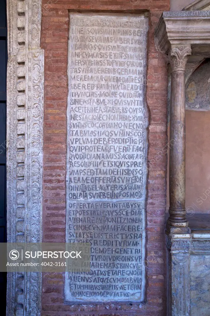 Latin inscription in colonnade,  Santa Maria in Cosmedin, Rome, Lazio, Italy, Europe