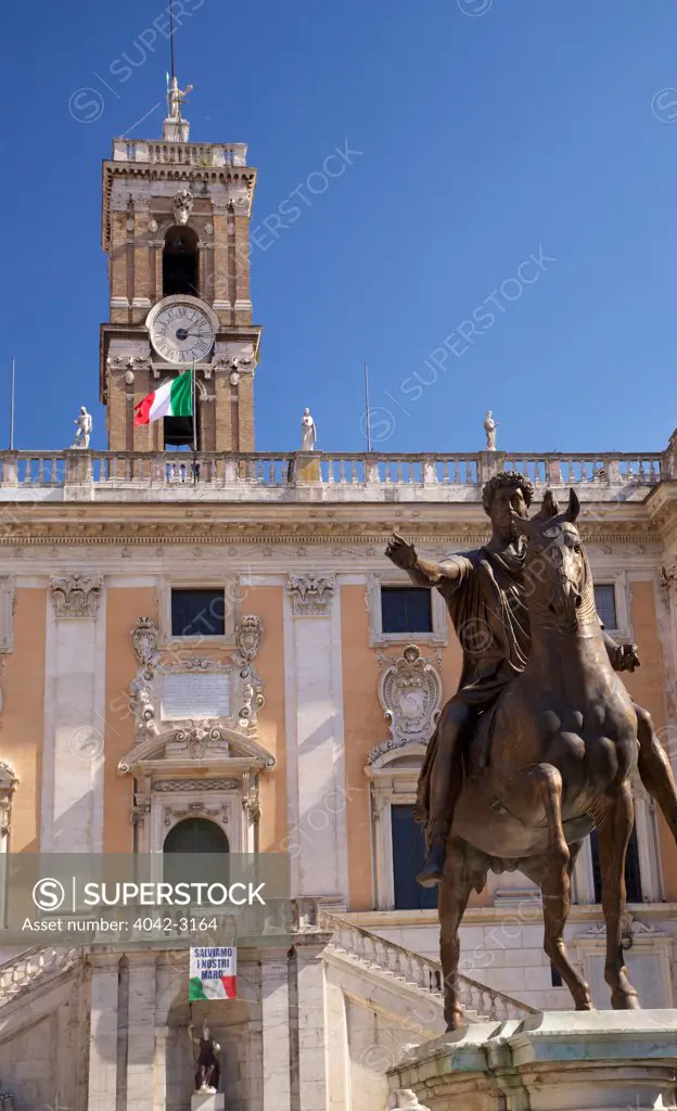 Statue of Marcus Aurelius, with Palazzo Senatorio, Capitoline Hill, Rome, Italy, Europe