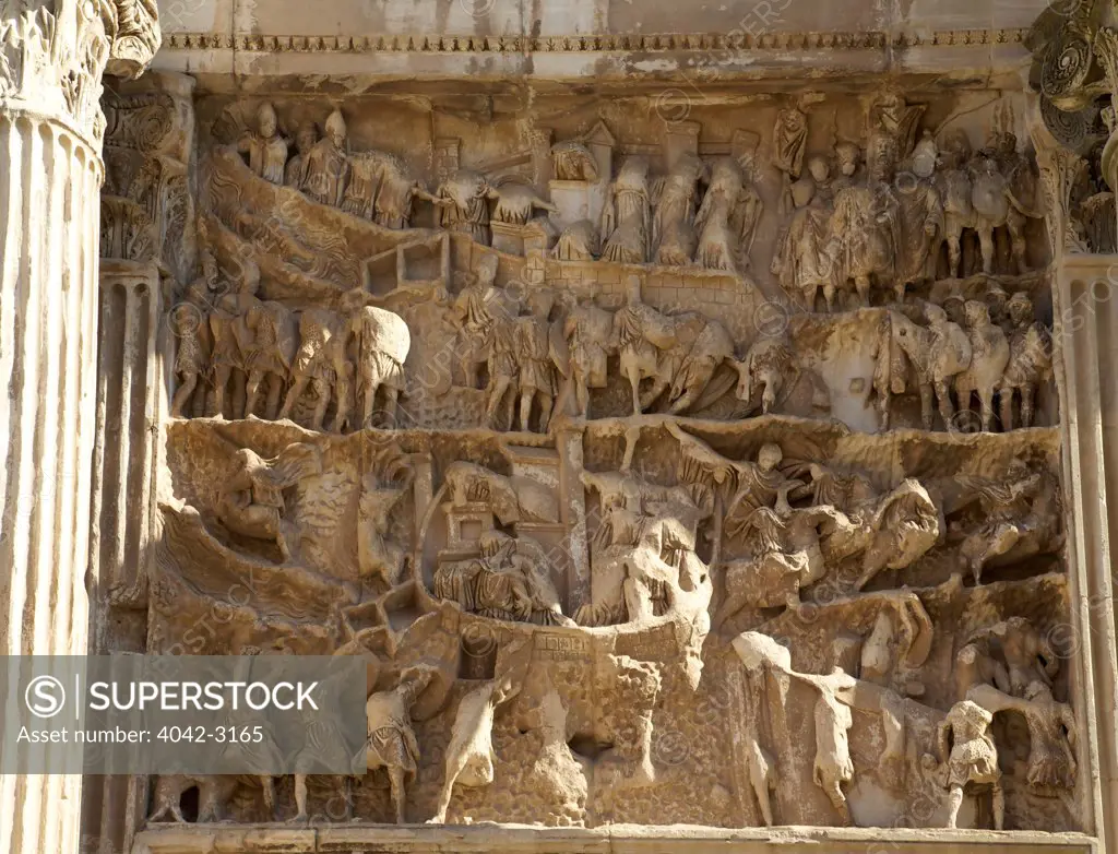 Relief carvings, Triumphal Arch of Septimius Severus, Roman Forum, Rome, Italy, Europe