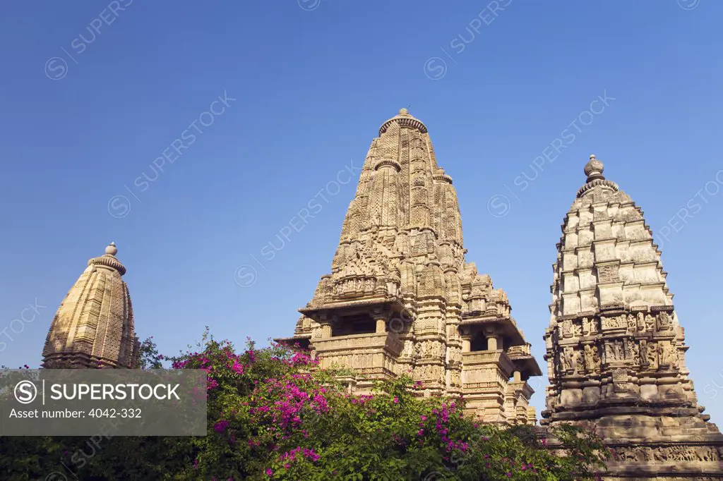 Low angle view of temples, Lakshmana Temple, Visvanatha Temple, Khajuraho, Madhya Pradesh, India