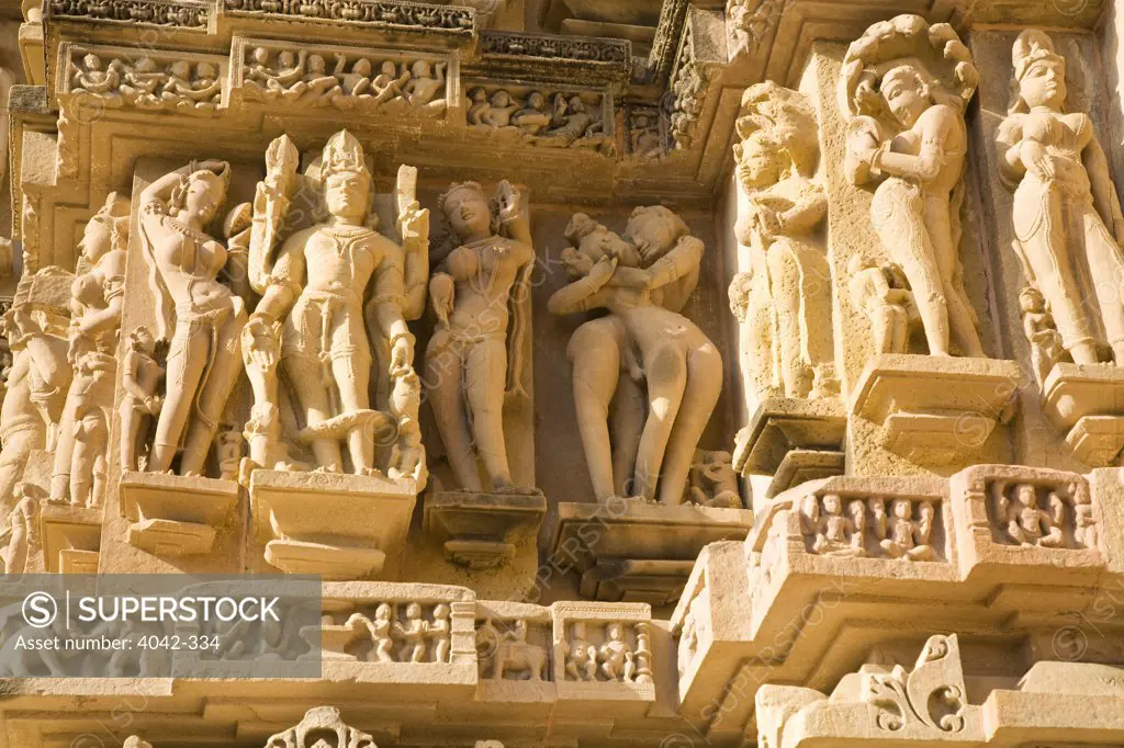 Sandstone carvings on a temple, Devi Jagadambi Temple, Khajuraho, Madhya Pradesh, India