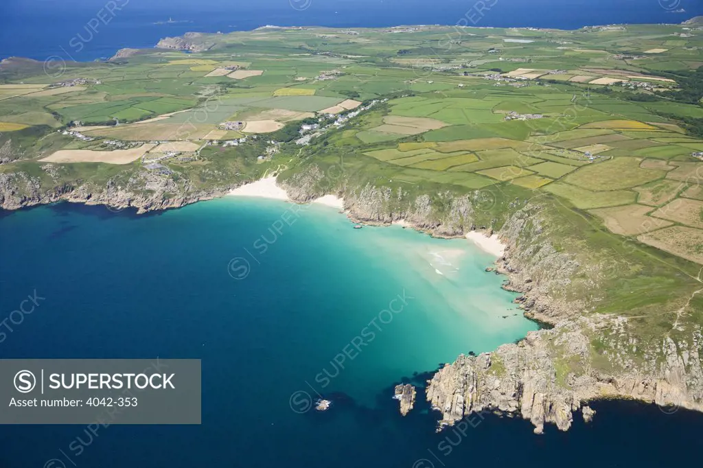 United Kingdom, Cornwall, Aerial view of Porthcurno beach and Pednvounder
