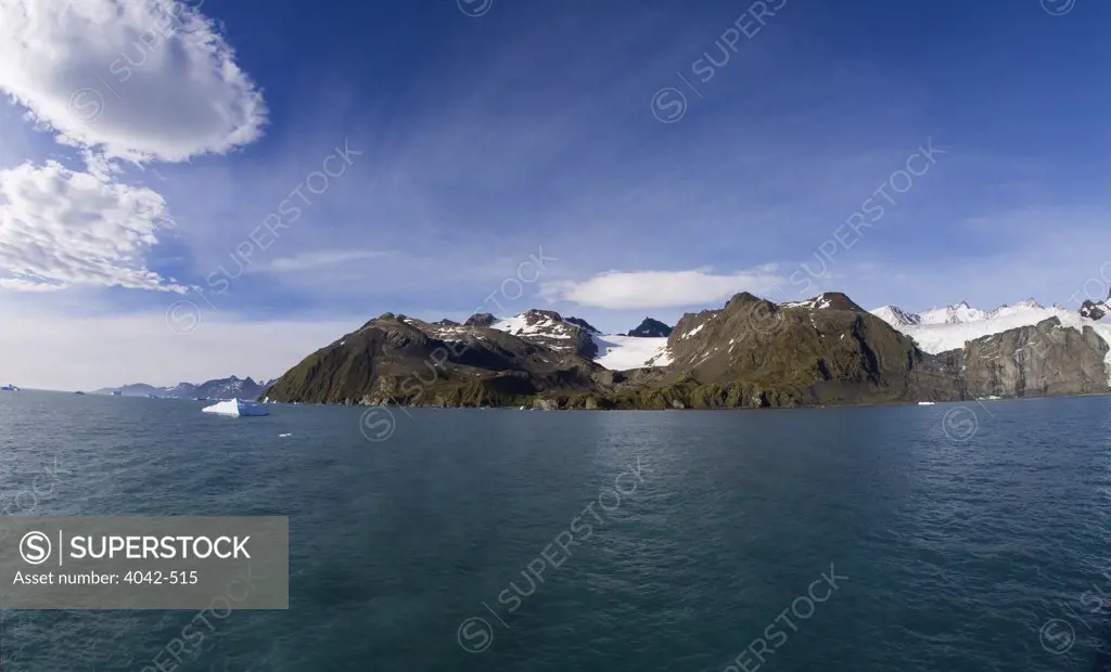 Island in the ocean, Bertrab Glacier, Gold Harbor, South Georgia