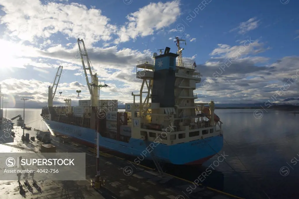 Container ship docked at a harbor, Maersk Funchal, Ushuaia Harbour, Tierra Del Fuego, Argentina