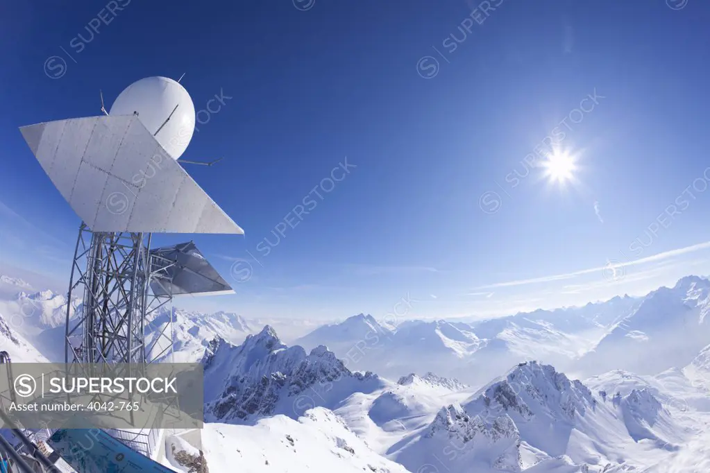 Satellite dish on snow covered mountain, St. Anton Am Arlberg, Tyrol, Austria