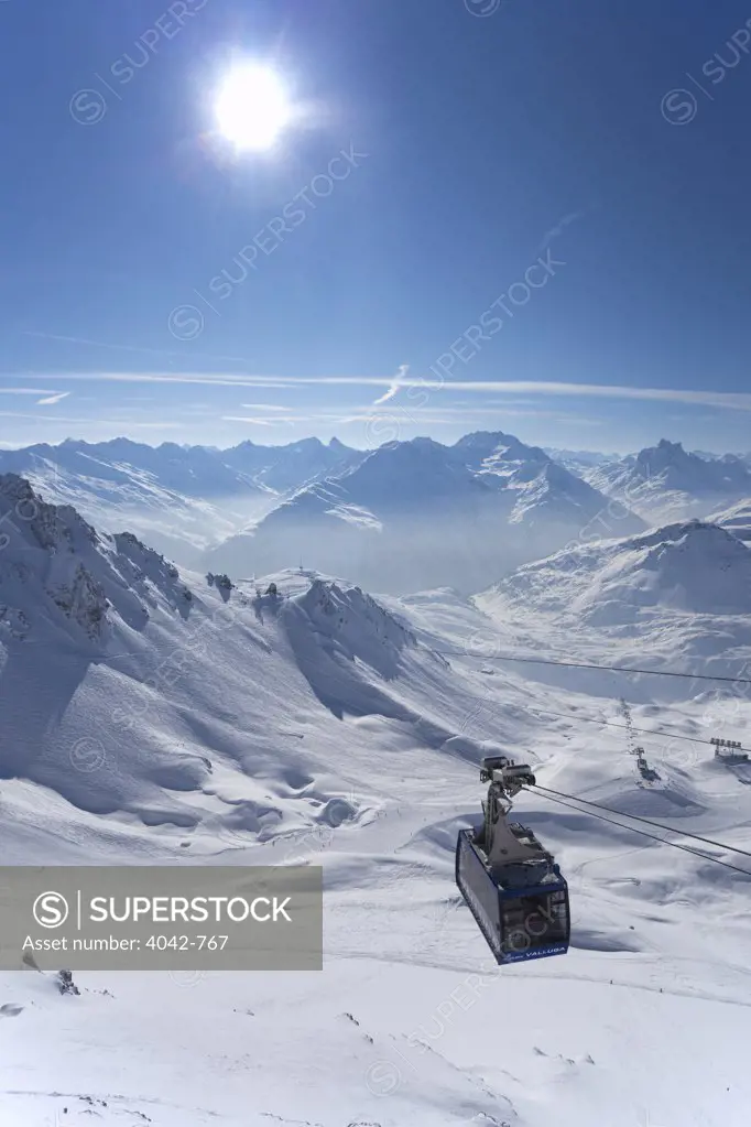 High angle view of a cable car in snow covered mountains, Valluga, St. Anton Am Arlberg, Tyrol, Austria