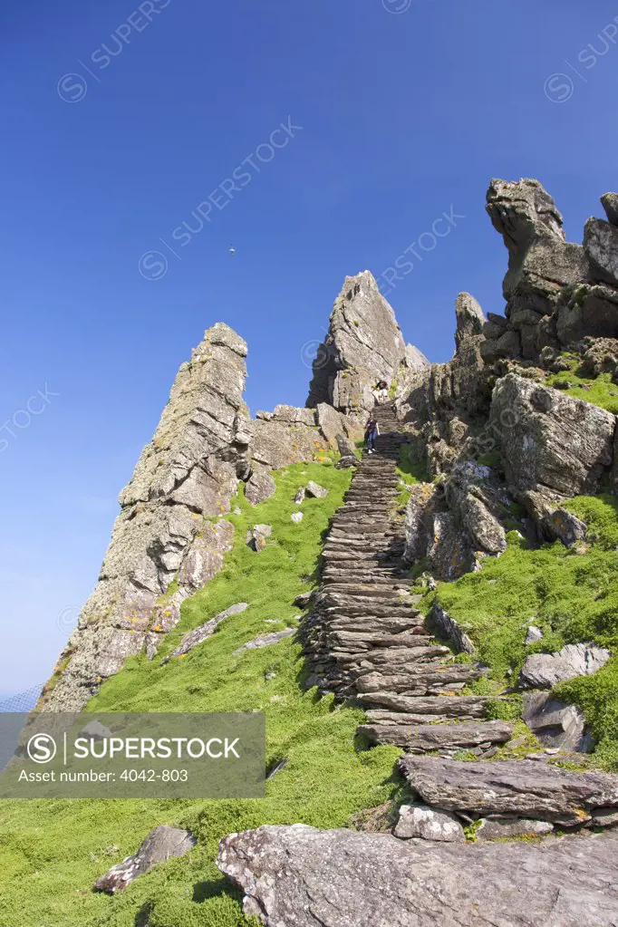Steps leading through rocks, Little Skellig, Skellig Michael, Skellig Islands, County Kerry, Munster Province, Republic Of Ireland