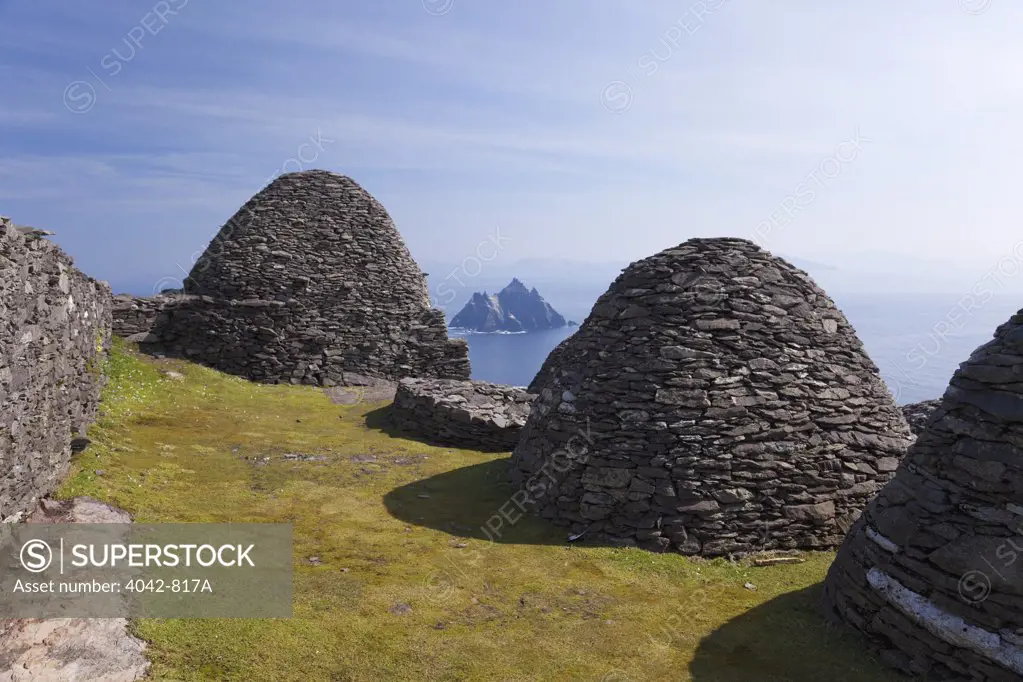 Stone huts on the coast, Little Skellig, Skellig Michael, Skellig Islands, County Kerry, Munster Province, Republic Of Ireland